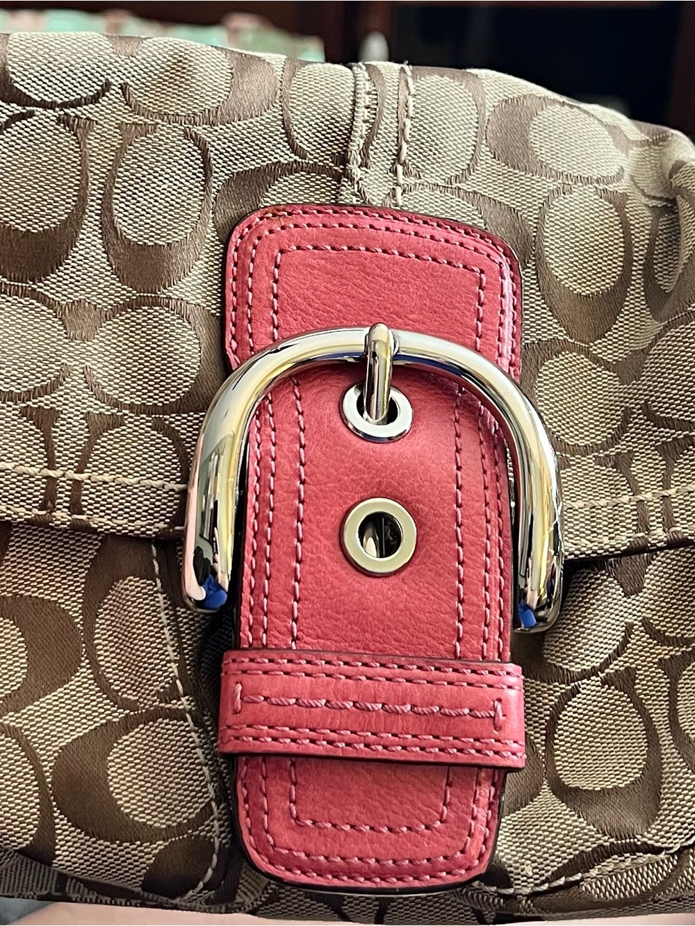 Coach Beige Signature Canvas Tote with Pink Interior Patch